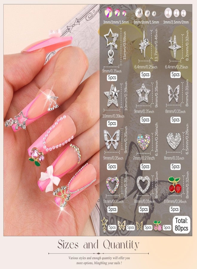 BELLEBOOST 80Pcs 16 Styles 3D Nail Charms and Flatback Gems Pearl + Nail Chains, Silver Shiny Luxury Gems, Crystal Diamond Jewels Studs with Rhinestones for Nail Design, Nail Art Decor Set for Acrylic Nails - Image 2